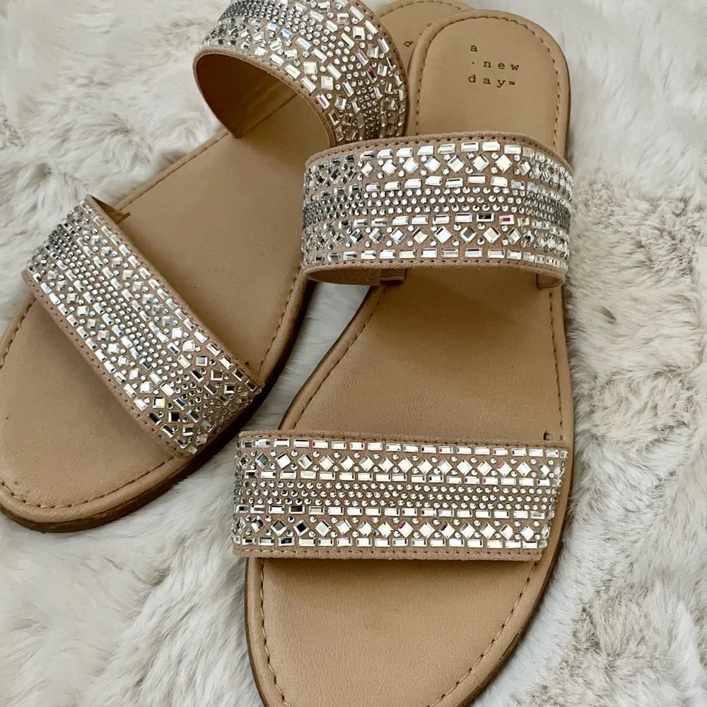 a new day Tan Rhinestone Double-Strap Slide Sandals